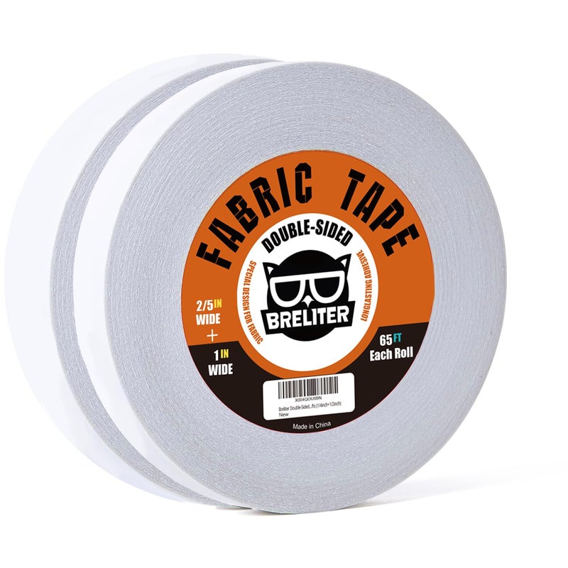 Breliter Double-Sided Fabric Tape (2 Rolls) - 65FT Length, No Sewing or Ironing Required, Perfect for Quick Clothing Repairs, Fabric Bonding, and DIY Crafts (2/5inch+1inch) - Image 1